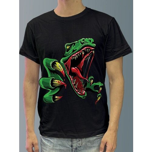 фото Футболка мужская черная из хлопка с dtf рисунком динозавры - 3634 будь на стиле