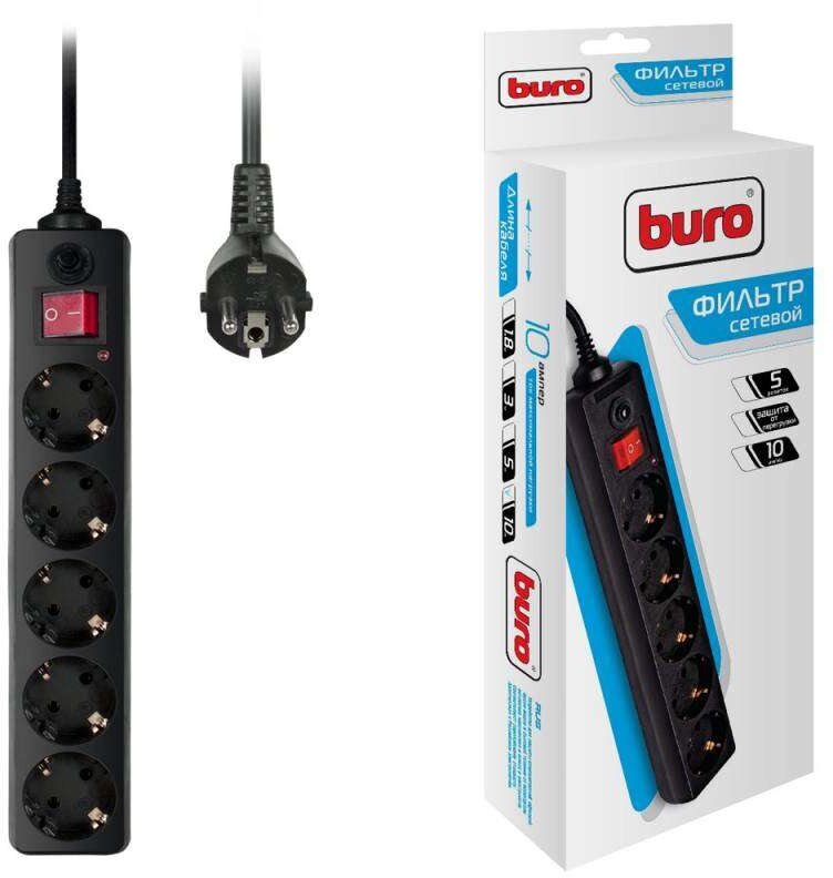Удлинитель с сетевым фильтром 5х10м с заземл. 10А IP20 500SH-10-B CCA 2200Вт черн. BURO 992303 (1 шт.)