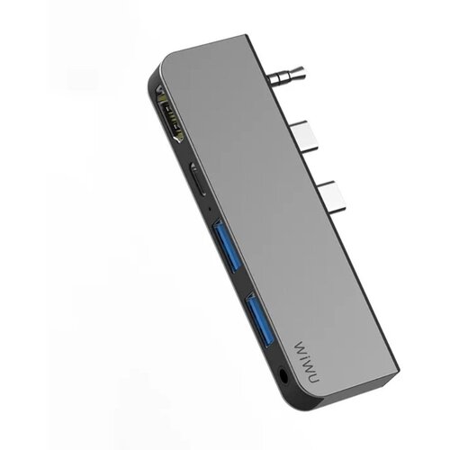 Хаб Wiwu Alpha M X Pro 5 in 1 Laptop Dongle Station Type-C to 2 x USB 3.0 + HDMI + 3.5mm Audio + PD Type-C для Huawei Matebook Grey