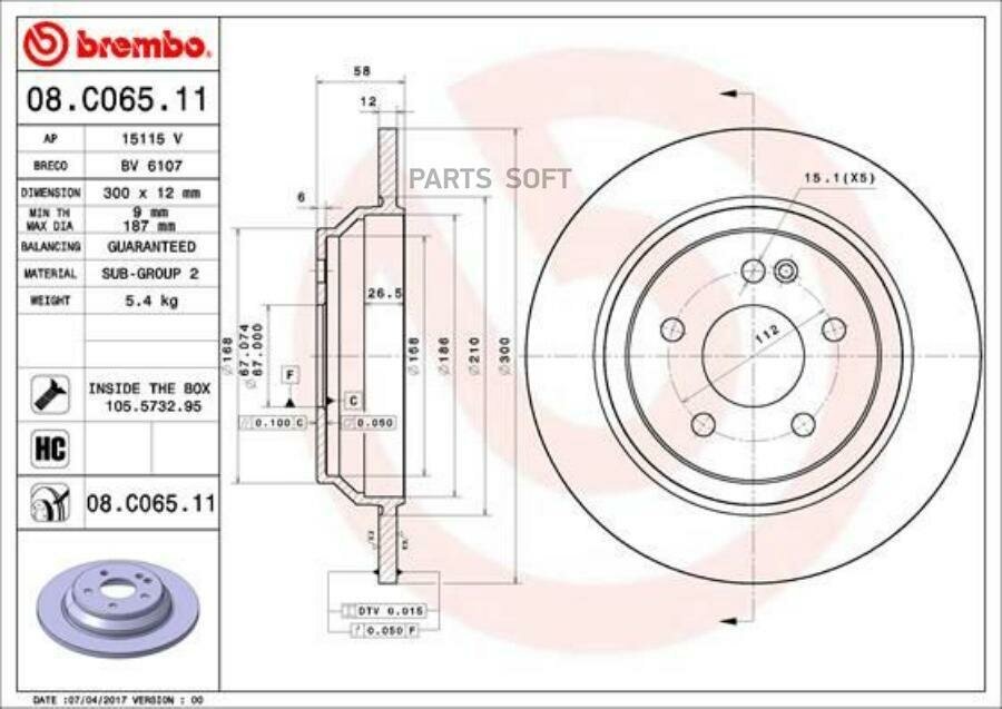 Диск тормозной задний MB Vito W447 14> (d=300) BREMBO / арт. 08C06511 - (1 шт)