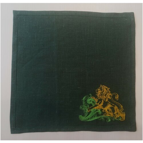 Зеленая декоративная салфетка для сервировки из льна с вышивкой 45*45см.