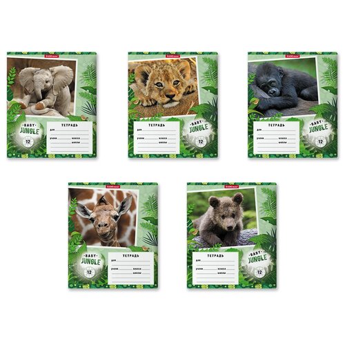 Тетрадь 12 листов в клетку ErichKrause Baby Jungle, обложка мелованный картон, блок офсет, микс (1 вид в спайке)