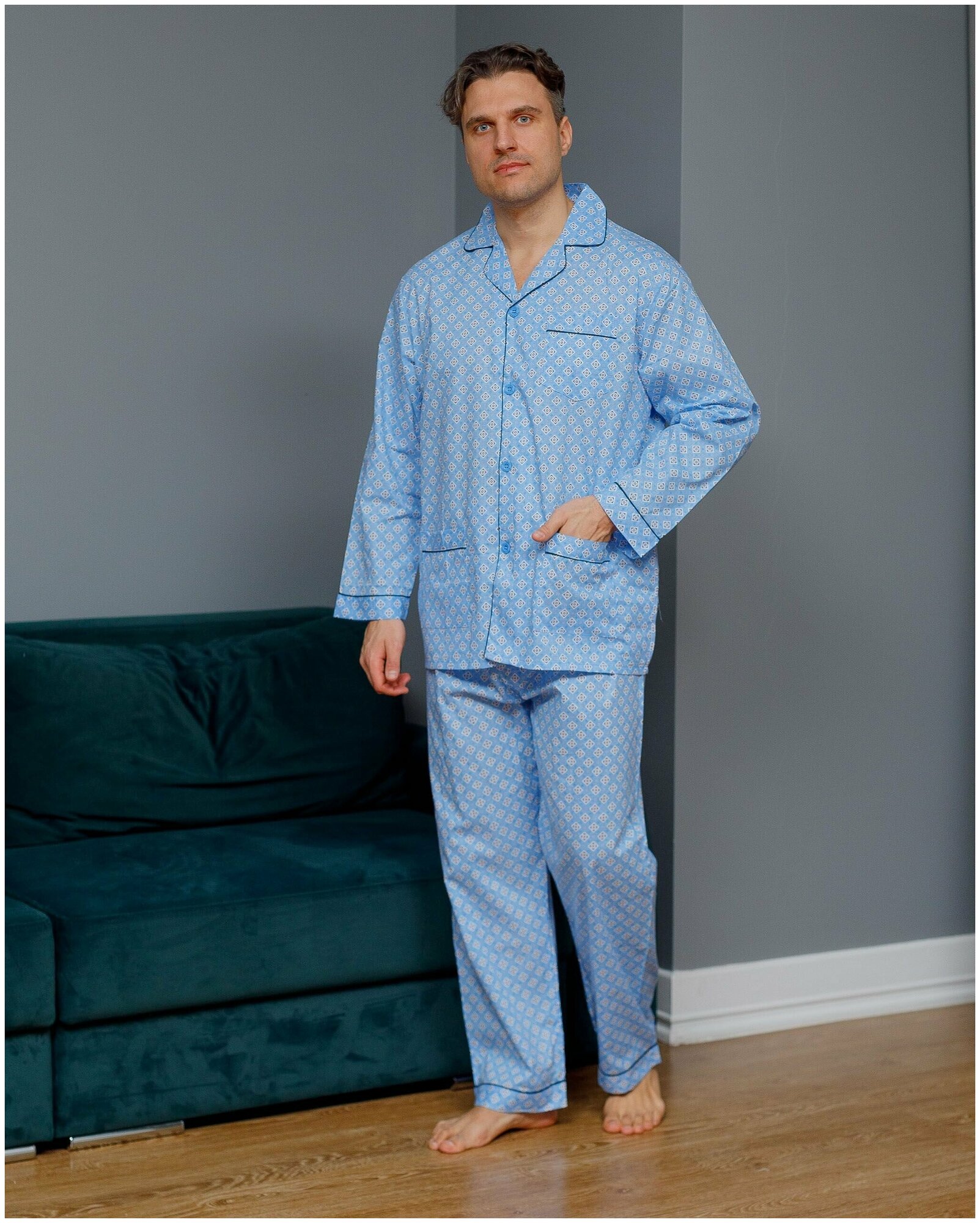 Пижама мужская с брюками и рубашкой с длинным рукавом хлопок Global - фотография № 2