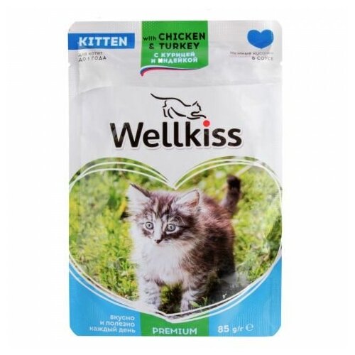 Wellkiss Kitten влажный корм для котят с курицей и индейкой в соусе, 85 г, 20 шт