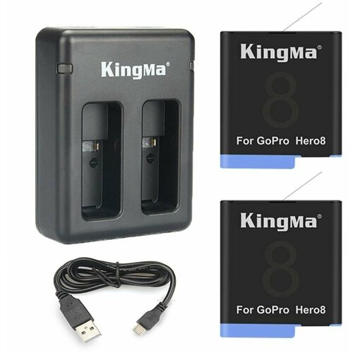 Набор KingMa два аккумулятора для GoPro Hero 8/7/6/5 и зарядное устройство на два аккумулятора зарядное устройство от автомобильного прикуривателя для экшен камер gopro 5 6 7 на два аккумулятора