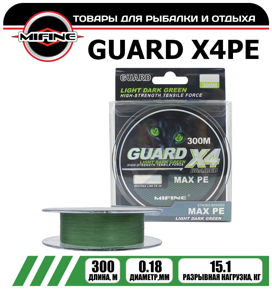 Плетеный шнур для рыбалки MIFINE GUARD X4PE (300м); (d - 0,18мм); (тест - 15,1кг)