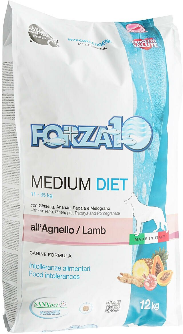 Полнорационный сухой диетический корм для собак средних пород Forza 10 Medium Diet Agnello из ягненка 12 кг.