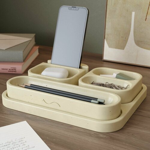 Изображение товара Канцелярский набор для офиса Oliver (Подставка, органайзер для ручек, визитница, органайзер), бетон, кремовый глянцевый