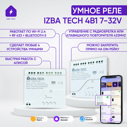 Умное реле контроллер на 4 канала для Яндекс Алисы от Tuya с WIFI + RF + BLE