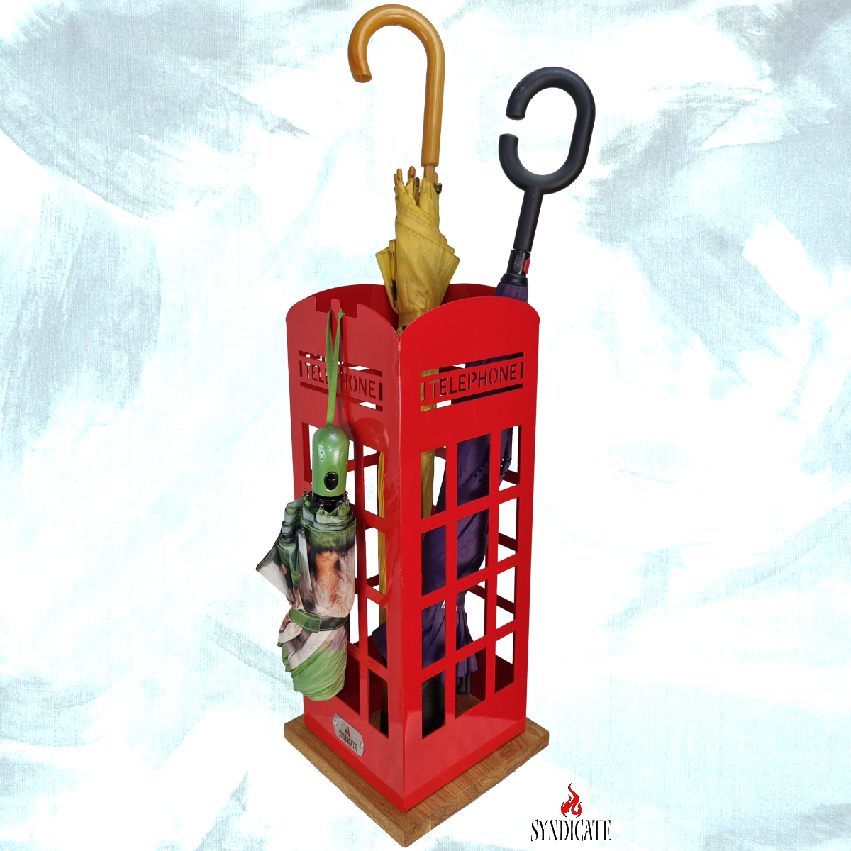 Подставка для зонтов напольная стальная с подставкой из натурального дуба: "Лондон", с подвесом для зонтов-автомат, в стиле LOFT. 24х24х56см. Красный