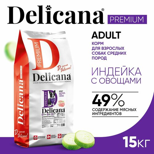 Delicana Корм сухой для собак средних пород Индейка с овощами, 15 кг
