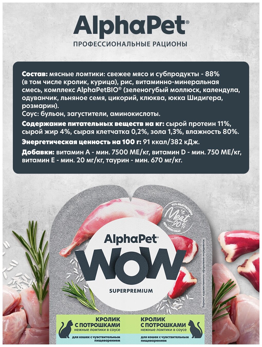 Корм влажный AlphaPet WOW с чувствительным пищеварением, ломтики кролика с потрошками в соусе для кошек , 80г х 15шт — фото 1