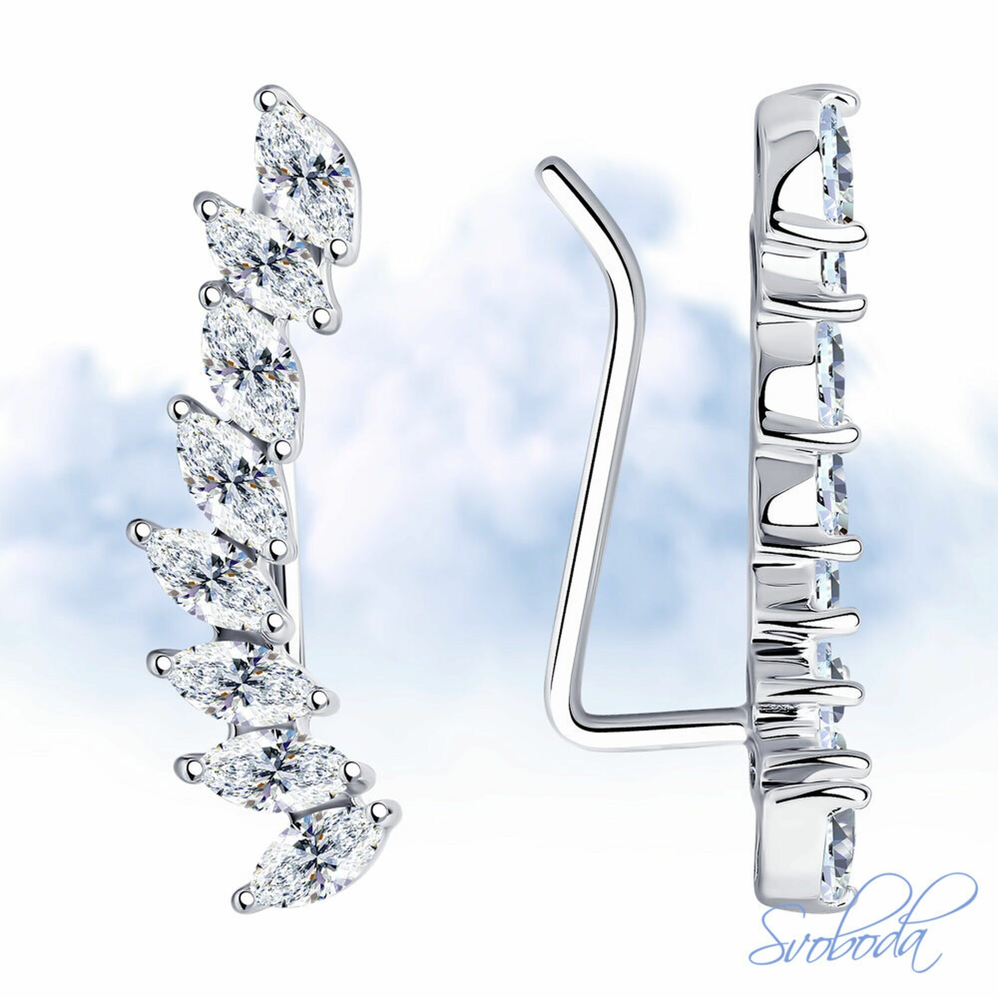 Серьги клаймберы, серебро, 925 проба, родирование, фианит