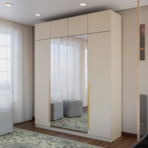 Изображение товара Шкаф распашной Пакс - 4 с антресолью и зеркалами | ЛДСП Кашемир | Ручки золотые