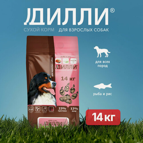 Изображение товара Сухой корм для взрослых собак Дилли, для всех пород, с рыбой и рисом - 14 кг