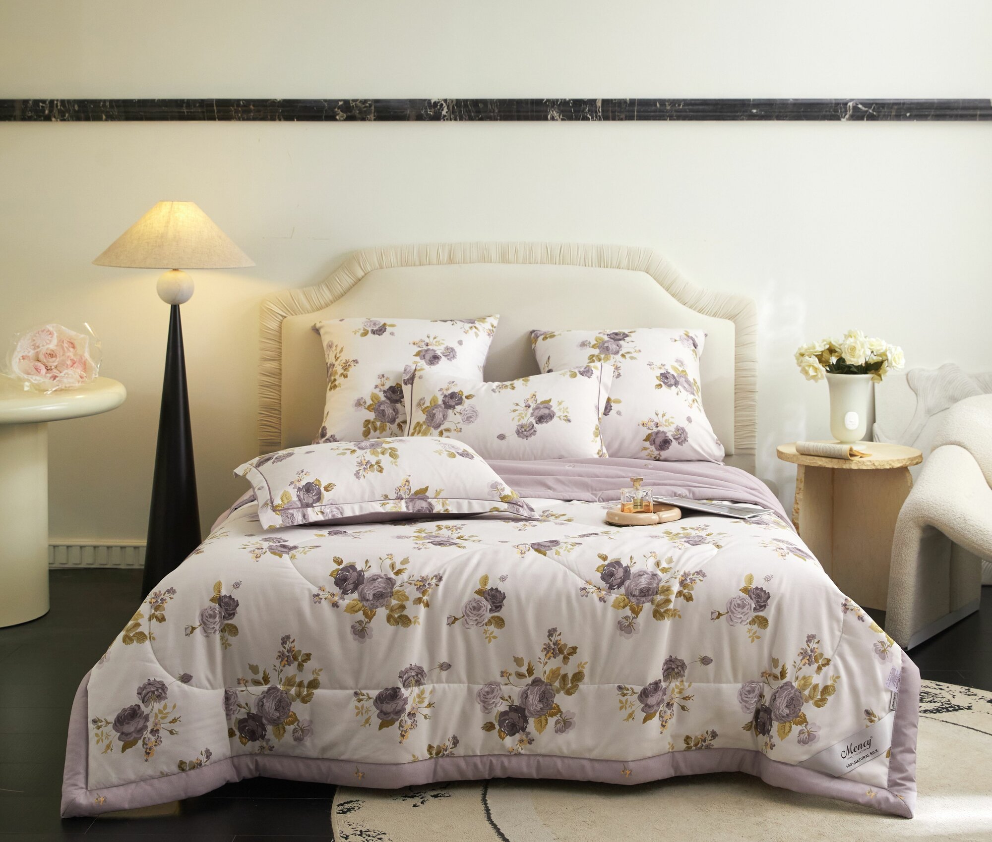 Постельное белье 2 спальное евро с одеялом 200х220, простыня на резинке Сатин Mency MEN-8