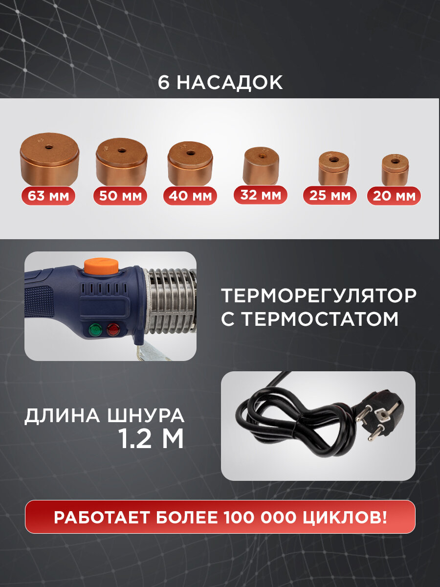 Cварочный аппарат REXANT RX-1000 для сварки полипропиленовых труб с 6 насадками, 1000 Вт — фото 1