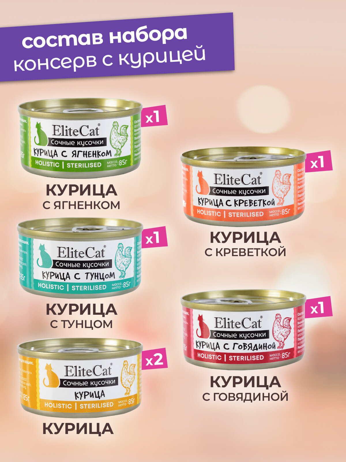 Корм для кошек влажный ELITECAT сочные кусочки Курица MIX 85гр КОМПЛЕКТх6 — фото 1