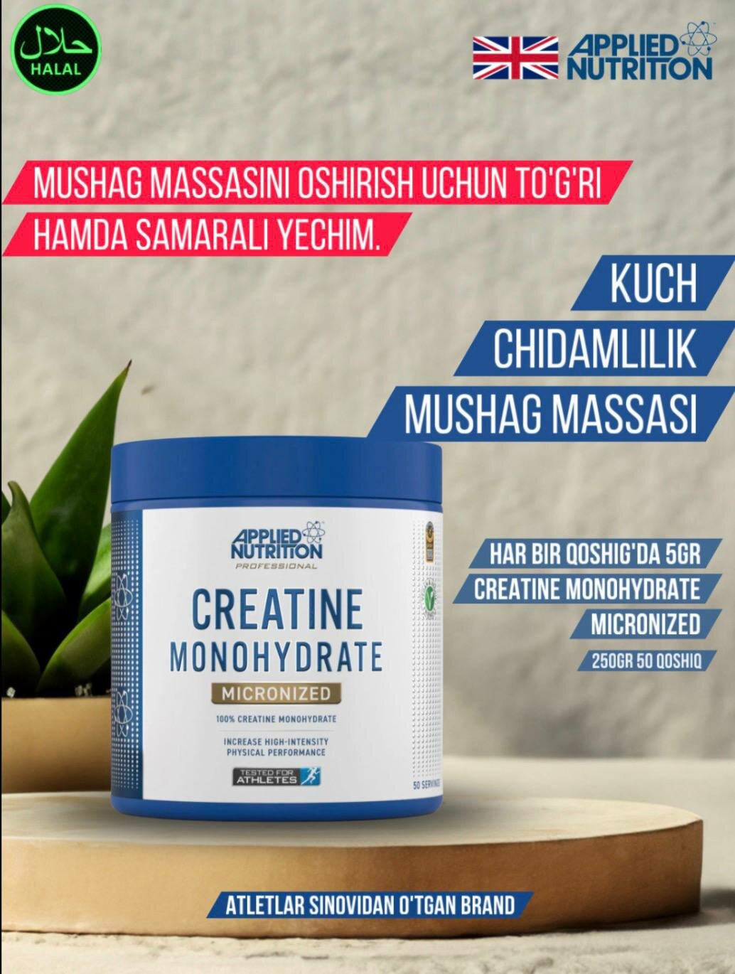 Креатин Applied Nutrition Creatine Monohydrate, порошок, 100%, 250г, 50 порций