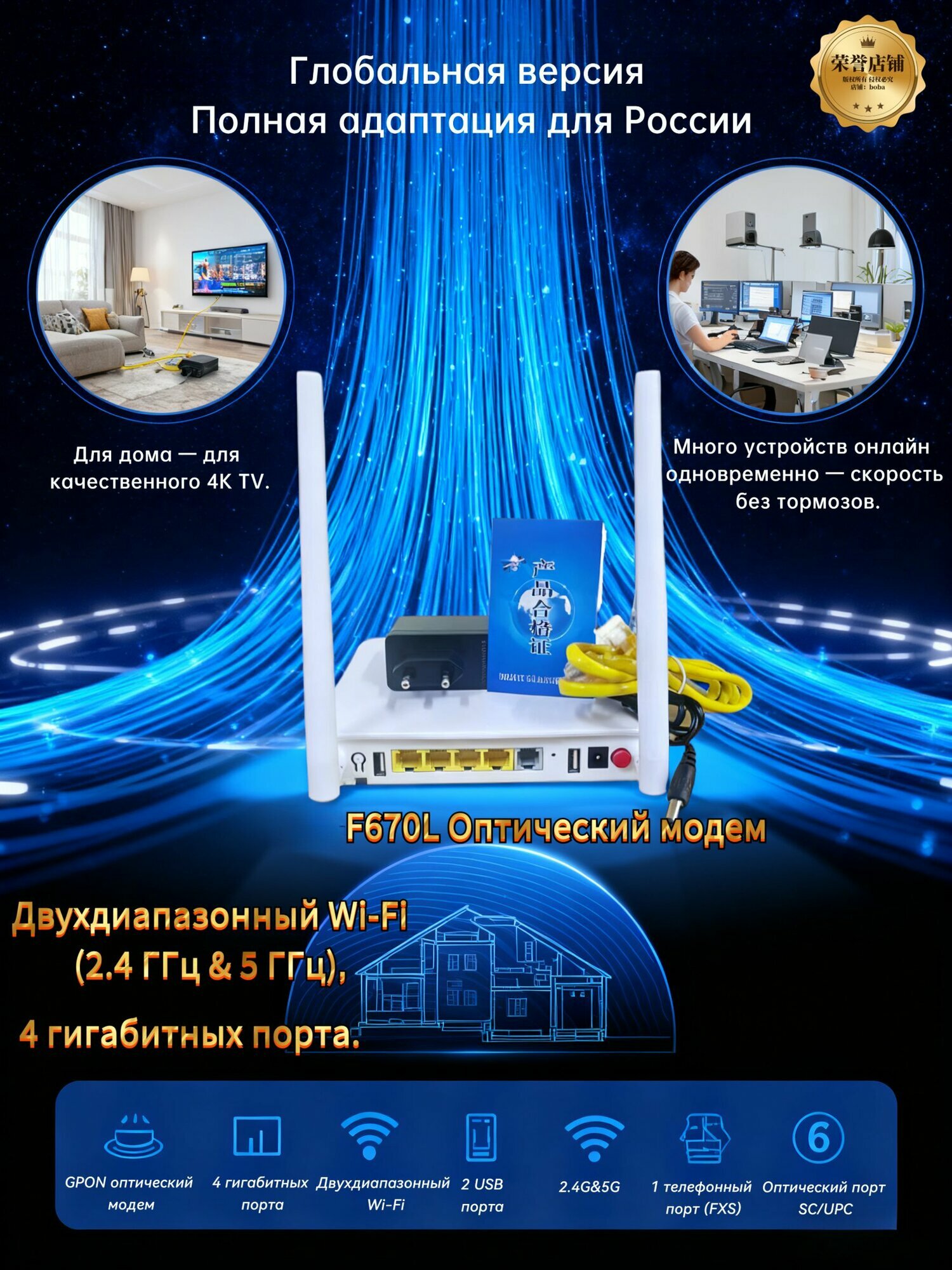 GPON ONT роутер F670L Оптический порт SC/UPC Двухдиапазонный Wi-Fi 5, 4xGbE, IPTV, VoIP