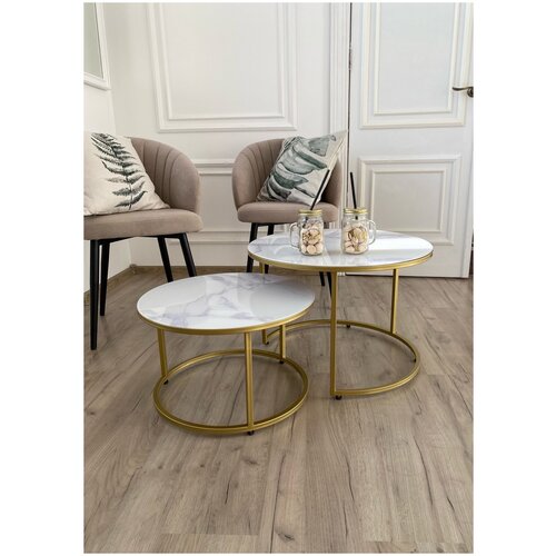 Журнальный Стеклянный , круглый столик из двух позиций. Золото, Мрамор.
