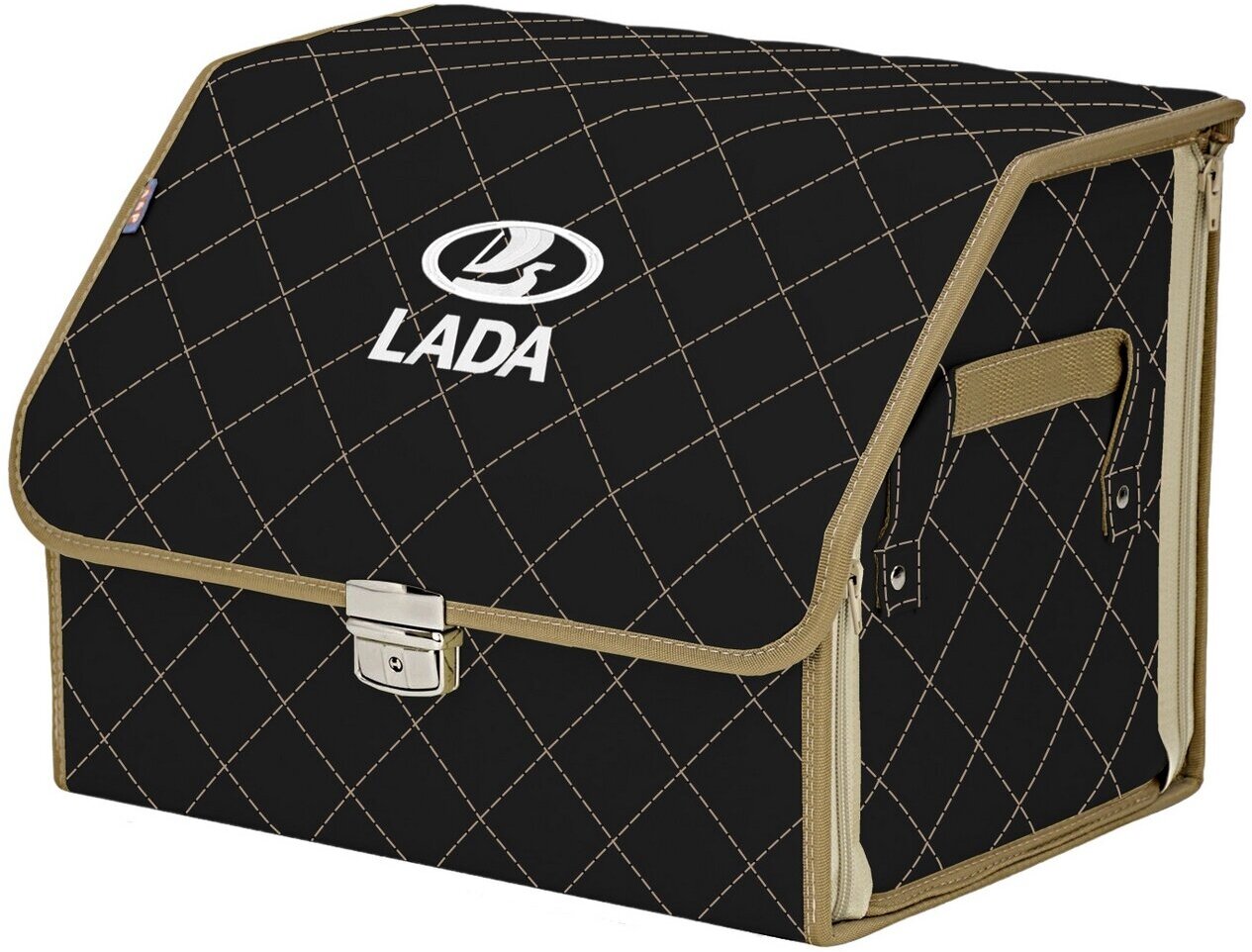 Органайзер-саквояж в багажник "Союз Премиум" (размер M). Цвет: черный с бежевой прострочкой Ромб и вышивкой LADA (лада).