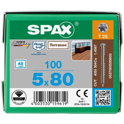 Spax-D для террасной доски 5*80мм 0537000500803 нержавейка А2 (100 шт), T-25 шуруп spax d для террасной доски 5 0 50мм 5000009080009 a2 850 шт сверло бита 12 крестиков