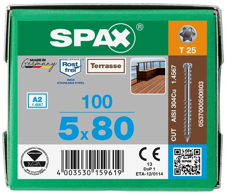 Spax-D для террасной доски 5*80мм 0537000500803 нержавейка А2 (100 шт), T-25