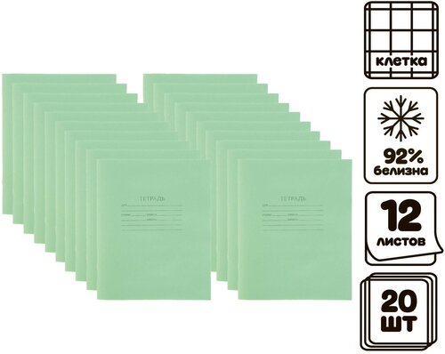 Комплект тетрадей из 20 шт, 12 листов, клетка, Зеленая обложка, офсет №1, белизна 92%