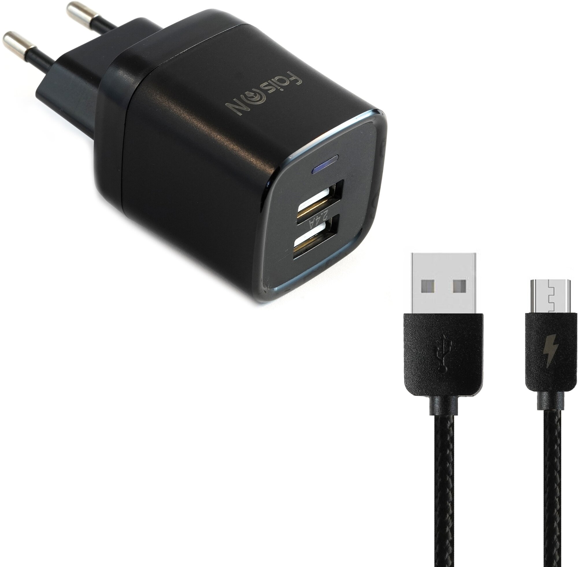 Сетевая зарядка FaisON 2xUSB C-18 Tornado 2.4A кабель микро USB 1.0м черный