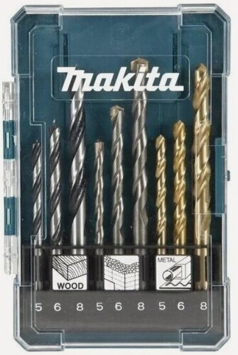Изображение товара Набор сверл Makita , 9 шт. (дерево-5, 6, 8, металл-5, 6, 8, бетон -5, 6, 8)