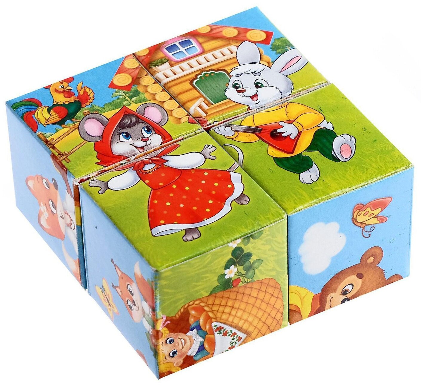 Развивающие картонные кубики "Любимые сказки", учимся рассуждать, 4 элемента с картинками, 6 картинок, собери картинку