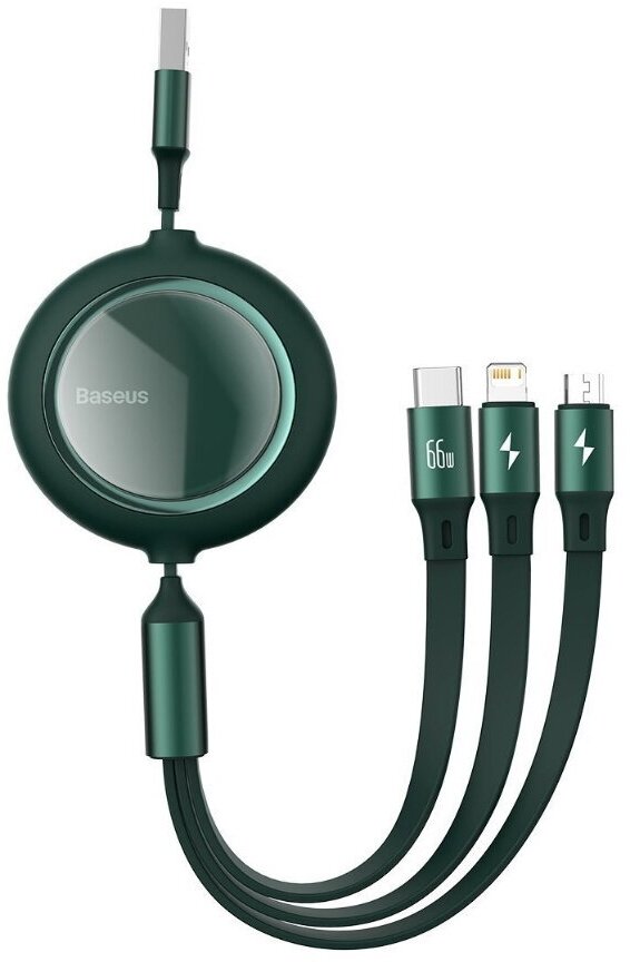 Кабель Baseus Bright Mirror One-for-three Retractable Data Cable USB to M+L+C 1.2m 66W Green (CAMLC-MJ06)