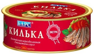 БАРС Килька балтийская неразделанная Экстра в томатном соусе, 250 г