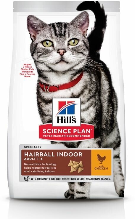Сухой корм Hill's Science Plan Hairball Indoor для выведения шерсти из желудка у домашних кошек, с курицей, 1,5 кг