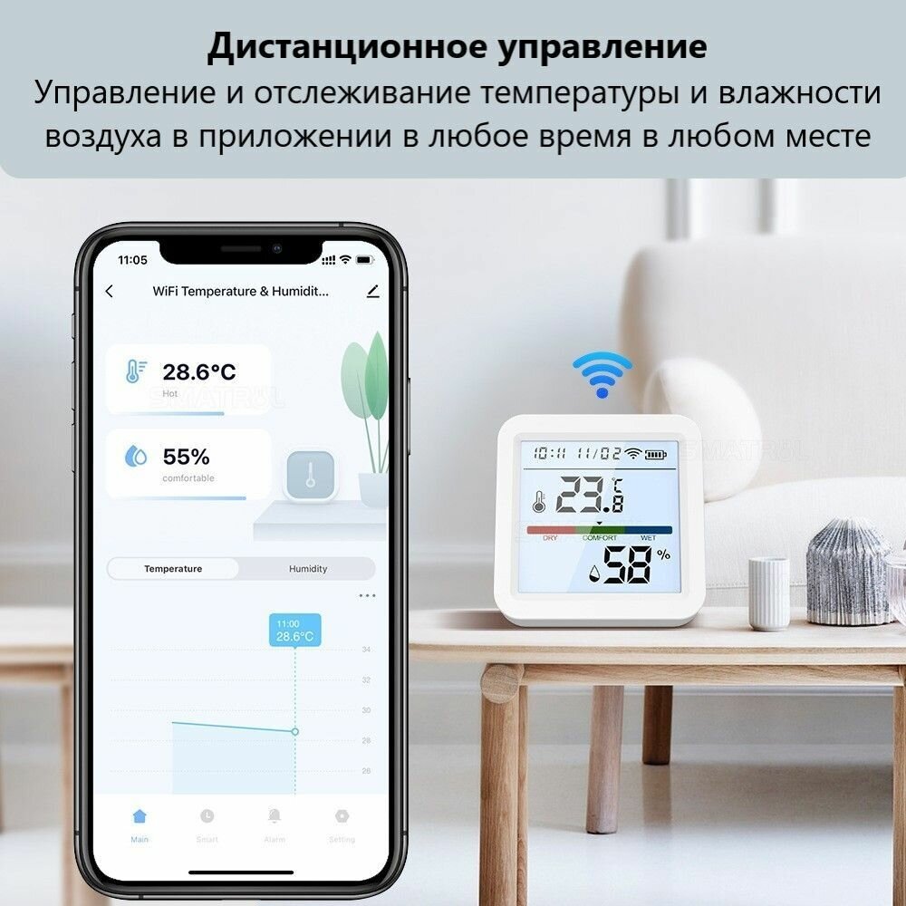 Умный беспроводной Wi-Fi датчик температуры и влажности воздуха, работающий с Tuya / Smart Life / Digma, с экраном и подсветкой (на батарейках)