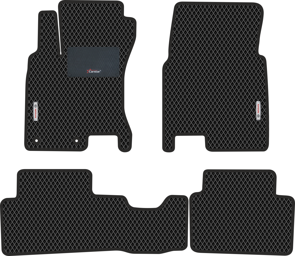 Автомобильные коврики EVA для Nissan Qashqai I (2006-2013), с каучуковым подпятником и 2 эмблемами Nissan, чёрные с чёрным кантом, ячейка - ромб