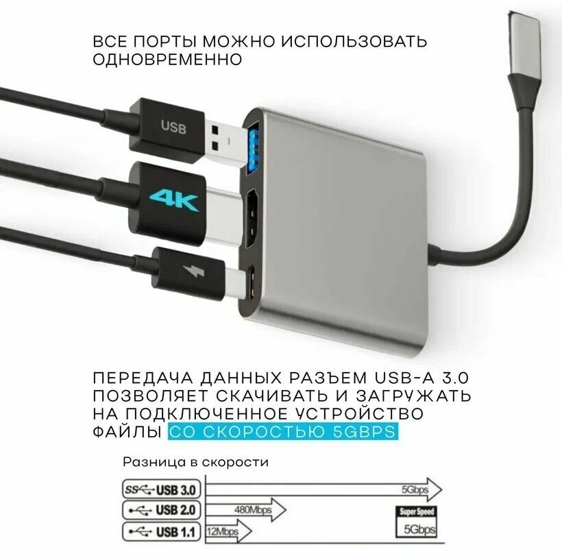 Переходник HUB USB 3.0 - HDMI - Type C, Адаптер USB Type C, Мощность зарядки до 100W