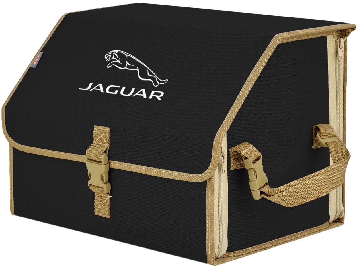 Органайзер-саквояж в багажник "Союз" (размер M). Цвет: черный с бежевой окантовкой и вышивкой Jaguar (Ягуар).