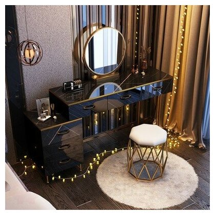 Туалетный столик 120 см черного цвета с рисунком под мрамор, тумбой и зеркалом (столик + тумба + обычное зеркало + табурет)