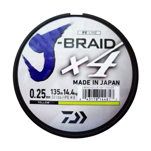 Плетеный шнур DAIWA J-Braid X4 d=0.25 мм, 135 м, 14.4 кг, yellow, 1 шт.