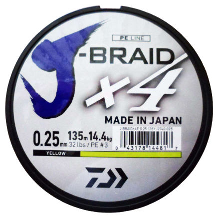 Шнур плетеный Daiwa J-Braid х4 135 m (желтый) 0.25 mm/ 14.4 kg