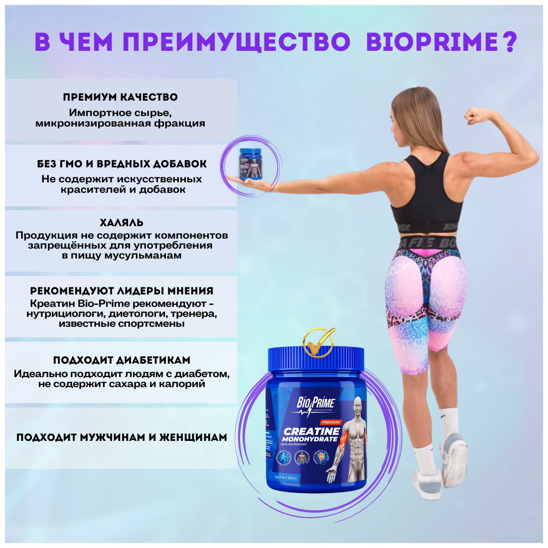 Креатин моногидрат BioPrime порошок, Premium Creatine Monohydrate Micronized Powder, для набора массы и роста мышц, Pure (Без Вкуса) банка 200 гр.