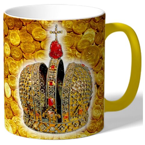 фото Кружка с цветной ручкой и внутренней поверхностью корона и деньги drabs