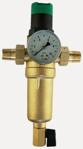 Изображение товара Фильтр промывной, сетчатый с редуктором давления и манометром 1/2" штуцер/штуцер (латунный корпус) TIM JH-1007