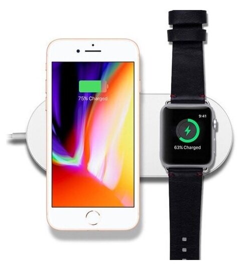Беспроводное зарядное устройство для телефонов iPhone / Samsung / часов Watch / 2 в 1 с Быстрой зарядкой 10W / Док-станция (Белый)