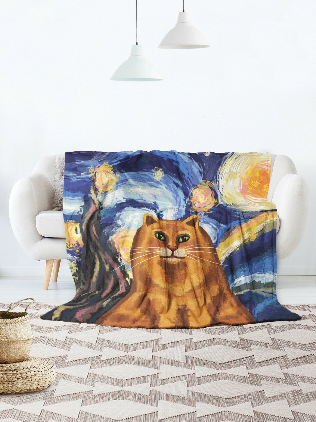 Плед покрывало для дивана пикника на кровать JoyArty "Звездная ночь и котик", велсофт, 150x200 см
