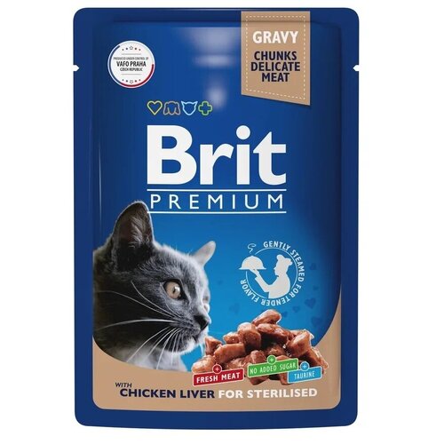 Пауч Brit Premium для взрослых стерилизованных кошек куриная печень в соусе 85гр, 4шт brit premium полнорационный влажный корм для стерилизованных кошек с лососем кусочки в соусе в паучах 85 г