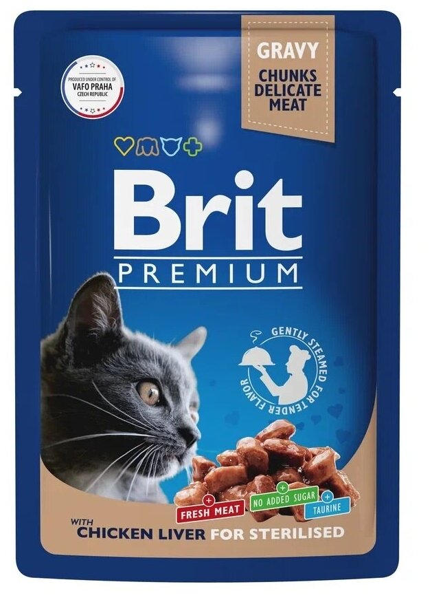 Влажный корм Brit для стерилизованных кошек куриная печень в соусе premium cat chicken liver for sterilised 85г 5048885