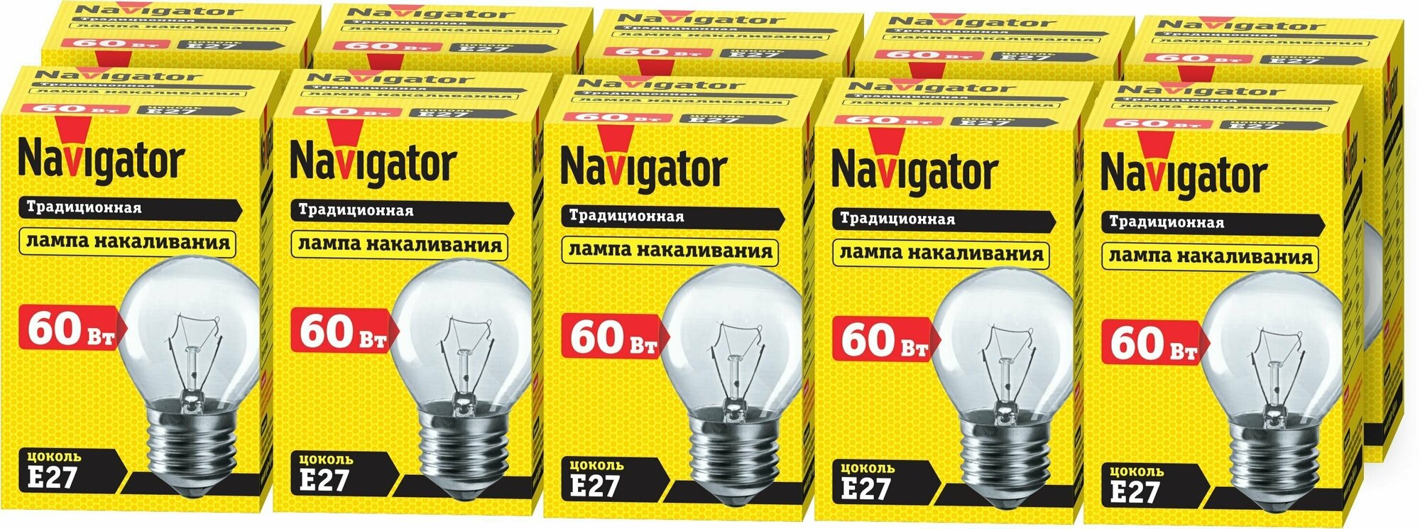 Лампа накаливания Navigator 94 312 NI-C, 60 Вт, шар, Е27, упаковка 10 шт.